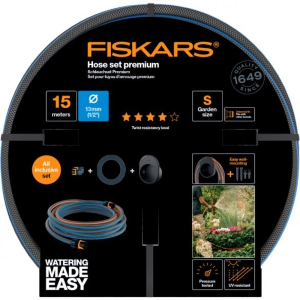 Fiskars Comfort locsolótömlő + fali tároló szett 13 mm (1/2